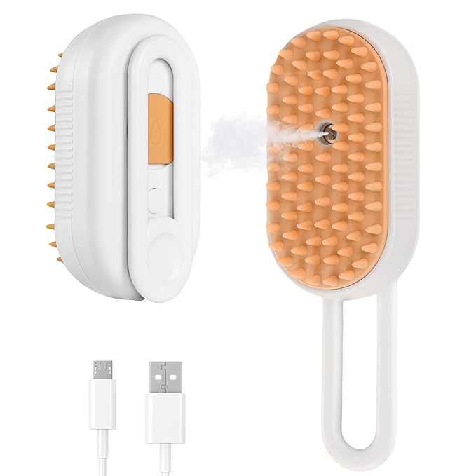 4 in 1 Cat Steam Brush, Rechargeable Steam Brush for Cats and Dogs, Anti-Static Cat Spray Brushes, Massage, Cleaning, Shedding & Combing All In One! White