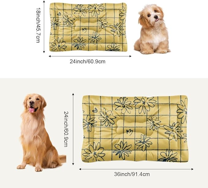 Grid Floral Yellow Vintage Dog Beds& Furniture Bed Mat Medium Dog Crate Pad Beds for Small Dogs Crate Washable Non-Slip Bed for Washable Small Medium Comfort Mat Pet Sized Indoor Outdoor 24X18 Inch