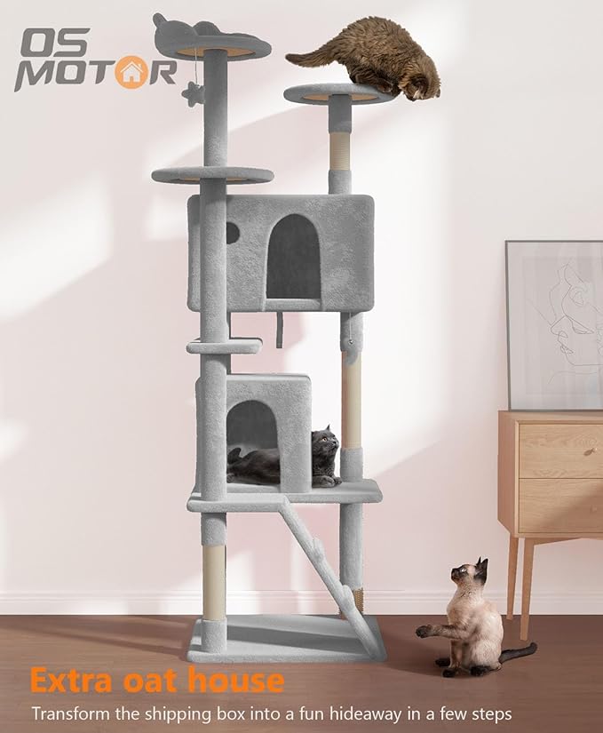 77'' Cat tree Tower for Indoor Cats Large Adult,Cute/Tall Modern Cat Tree for Big Cats 20 lbs,Plush Multi-Level Cat Condo with Scratching Posts,Dangling Ball for fun play(Light Gray, 77 inch)
