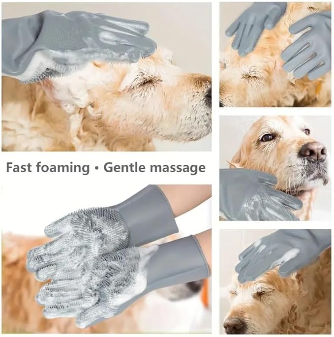 Pet Grooming Gloves，Heat-Resistant Silicone Gloves with High-Density Teeth for Enhanced Massaging and Bathing of Dogs and Cats (Gray, 2 Pair)