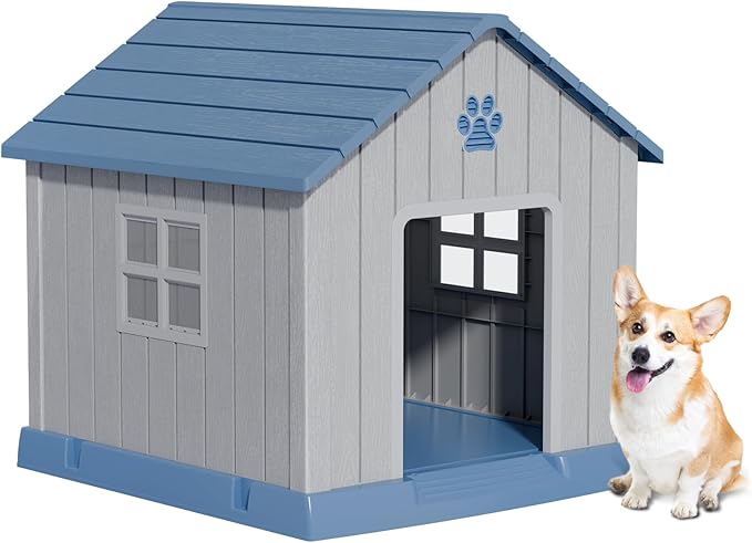 Dog House Indoor Outdoor for Small to Large Sized Dogs Resin Outdoor Dog House with Ventilation Puppy Shelter with Elevated Floor, Easy to Assemble, Blue