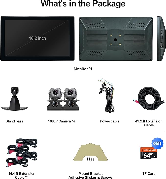 4 Channel 1080p Backup Camera Dash Cam for RV/Truck/Trailer/Van/SUV/Cars,10.2 Inch Touch Screen Quad Split Parking Monitor with DVR Recording/Playback/Bluetooth/FM Radio/Music/Video Player
