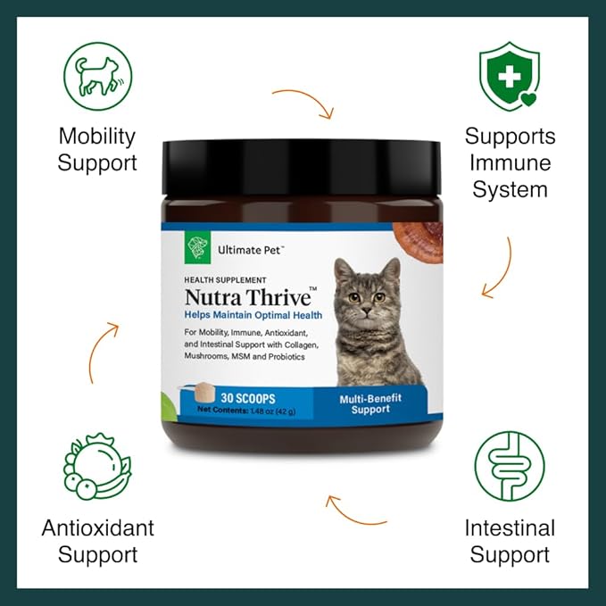 Ultimate Pet Nutrition Nutra Thrive™ Cat Supplement, Vet-Developed Powder for Mobility, Immune Support, Antioxidants & Digestion with Probiotics, Collagen, & Superfoods, 30 Servings
