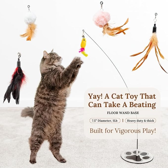 Interactive Cat Toys for Indoor Cats 2 in 1 Cat Wand Toys Solid Round Base Toys for Bored Indoor Adult Cats Self Play Feather Toy Bird Feather
