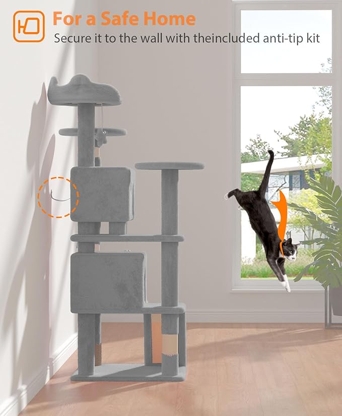 54" Cat Tree Tower for Indoor Cats Large Adult,Cute/Tall Modern Cat Tree for Big Cats 20 lbs, Plush Multi-Level Cat Condo with Scratching Posts, Dangling Ball for Fun (Light Gray, 54 inch)