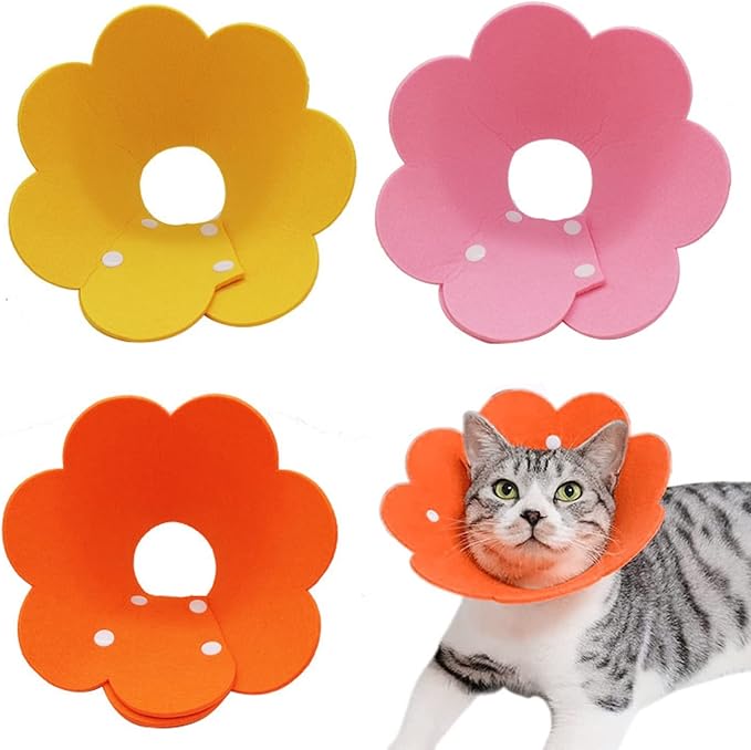3-Pack Cat Recovery Collar - Sunflower Neck Cone, Anti-Licking, Prevents Biting & Scratching (Pink, Orange, Yellow) (M)