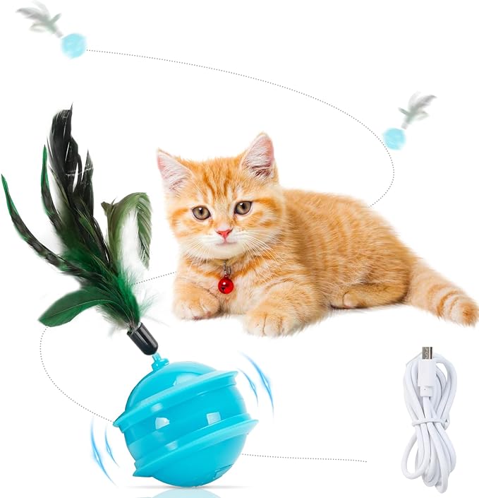 Cat Feather Toy Ball Automatic Moving Interactive Cat Toys for Indoor Cats, Self Rolling Electric Smart Tumbler Ball with Colorful Light and Big Feather Chasing Game (Blue)