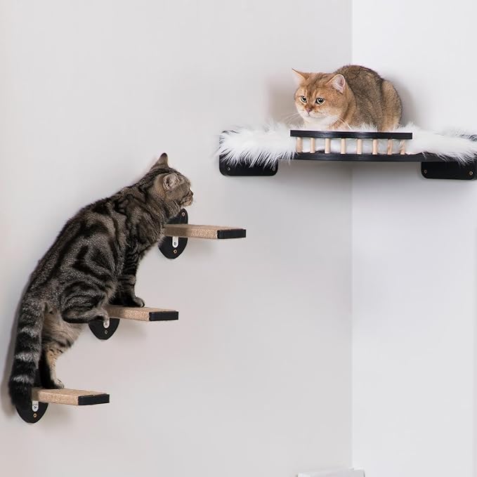 3pcs Wall Steps for Cats, Climbing Mounted Furniture, Shelves With Hemp Rope Covered, Solid Wood Ladder for Playing and Climbing (Large-Black)