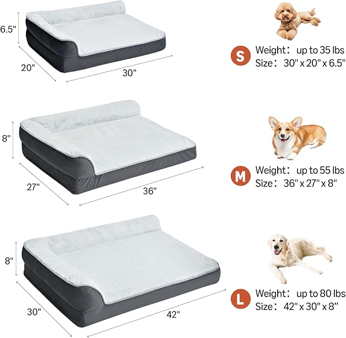 Amazon Basics Washable L-Shaped Dog Bed for Medium Dogs, Anti-Slip Pet Sofa Bed for Indoor Dogs, Crate Bed, 36x27x8 Inches, Gray