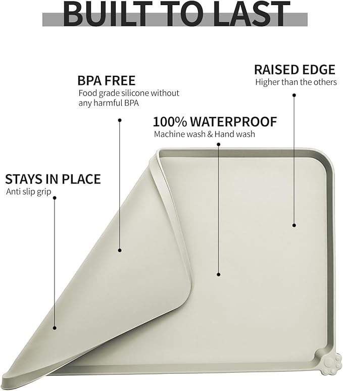 Waterproof Pet Feeding Mat with High Raised Edges, Heavier and Thicker Placemats for Cat Dog Water Bowl with BPA Free, Dogs Cats Food Mats for Messy Drinkers to Prevent Spill and Protect Floors