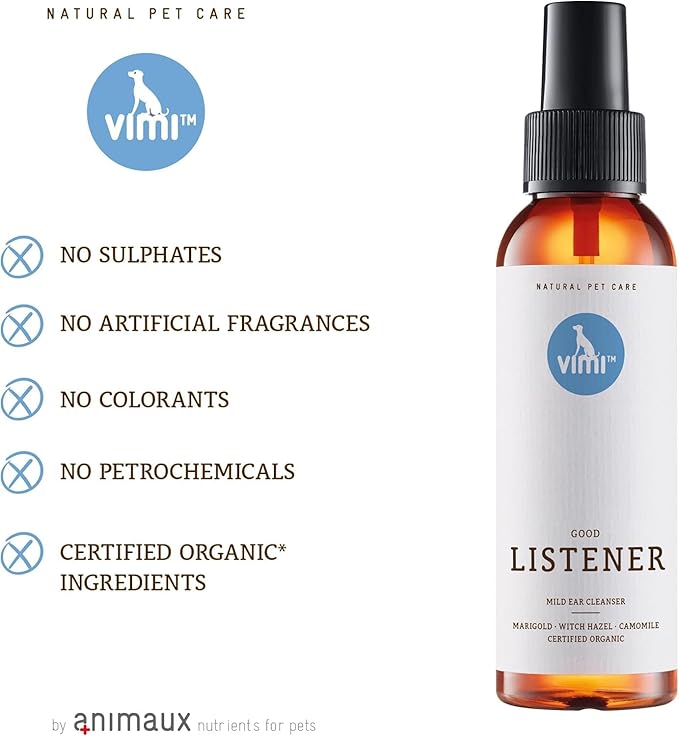 animaux vimi Ear Cleaner Good Listener - Ear Cleaner Spray for Sensitive Dog Ears - Ear Care with Camomile, Calendula & Witch Hazel - for Thorough & mild Cleaning - 3.38 Fl Oz