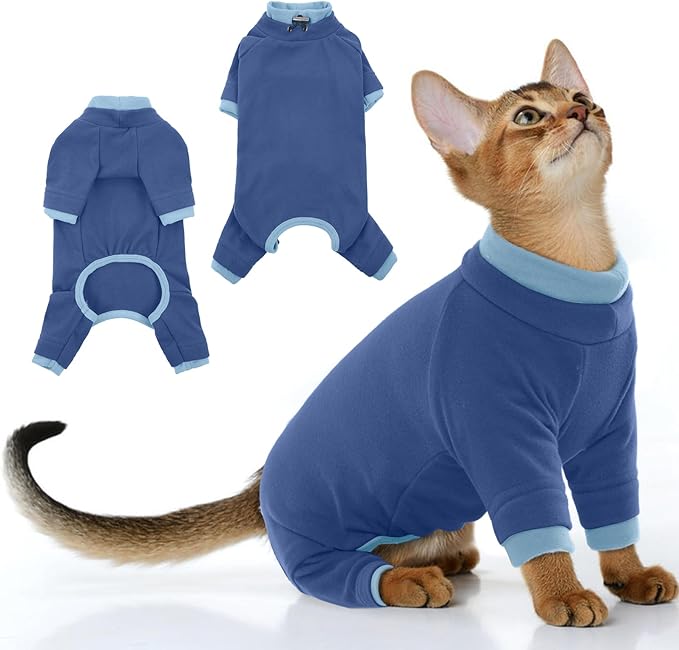 PUMYPOREITY Cat Hair Sticky Sweater, Recovery Suit - Breathable & Lightweight for Post-Surgery Protection, Cat Onsie Prevents Licking Wounds, Blue, 2XL