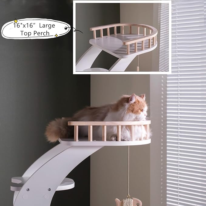 SHENGOCASE Modern Stylish 52.4 inches Tall Wooden Cat Tree Tower, Aesthetic Cat Condo Ladder with 5-Level Big Perch Platform Bed for Window Viewing Watching Large Scratching Post