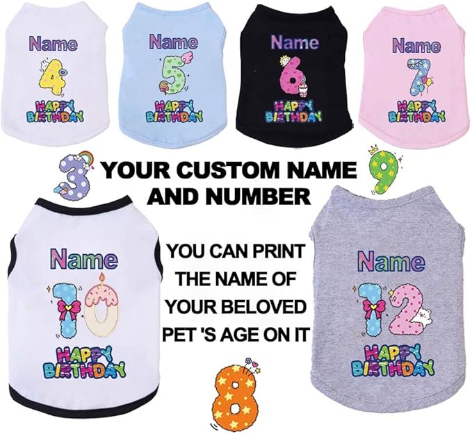 Custom Dog Birthday Shirt,Personalized Pet Apparel Print with Name Age Number,Pet Birthday Outfit,Lightweight Breathable Cotton Vest for Small Medium Large Dogs Cat (Black, 5X-Large)