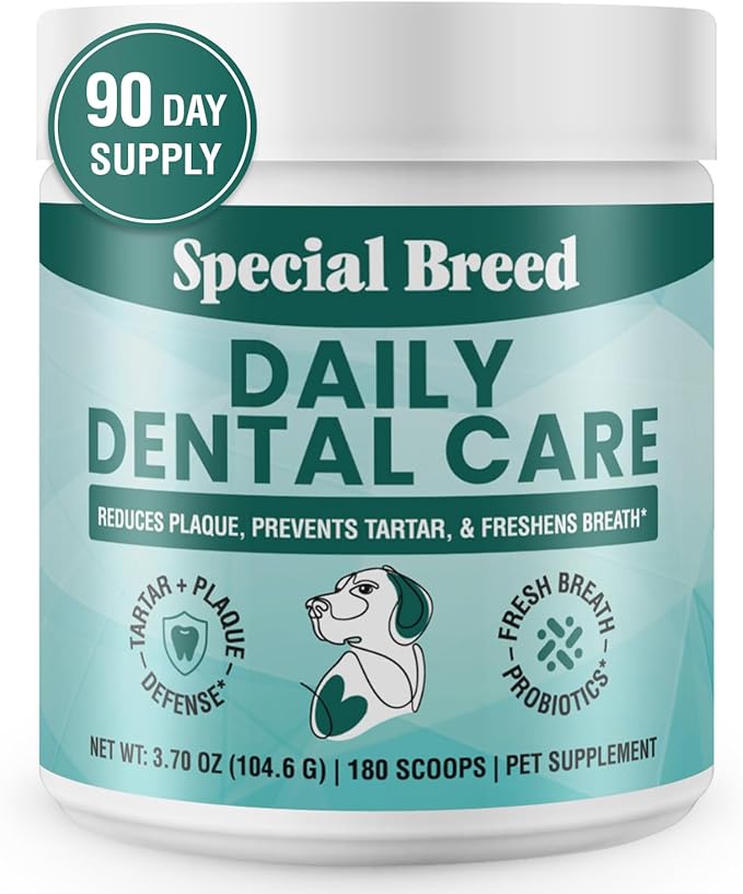 Dog Teeth Cleaning Powder – Natural Dog Dental Powder for Tartar Control, Fresh Breath & Gum Health – Daily Plaque Remover with Zeolite, Brown Algae, Probiotics & Rosemary – 180 Scoops