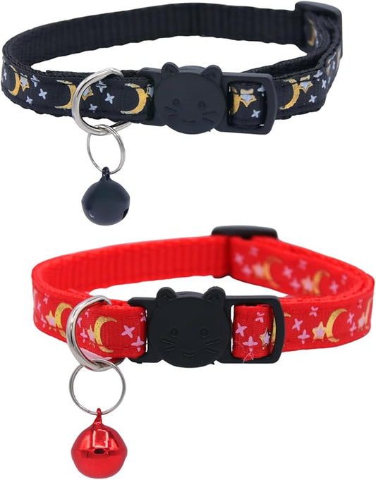 Set of 2: KioKatt Celestial Nylon Cat Collars with Matching Bells – Adjustable Breakaway Safety Collars for Adult Cats, 7–11" (Black + Red)