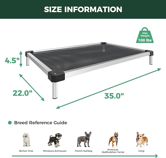 FXW TitanNest Chew-Proof Elevated Dog Bed, Raised Cot for Indoor/Outdoor/Camping Use, Durable & Waterproof Cooling Pet Bed for Small Dogs, 35.0" L x 22.0" W x 4.5" H, Black