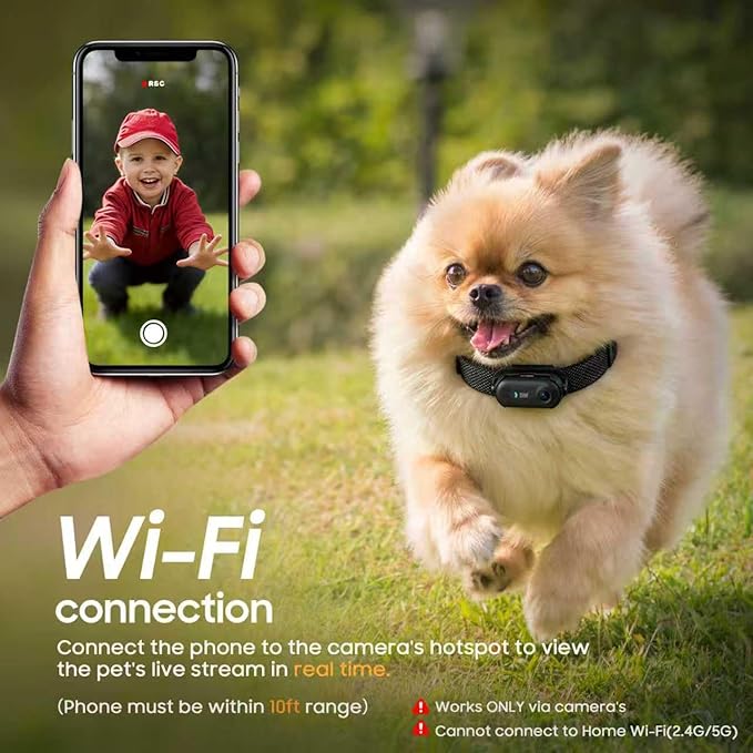 4K UHD Dog& Cat Pet Camera Collar, Video Recorder with Phone App View, Outdoor & Indoor POV Action Cam for Small and Medium-Size Dogs(White - Black Nylon Collar - M, 128g)