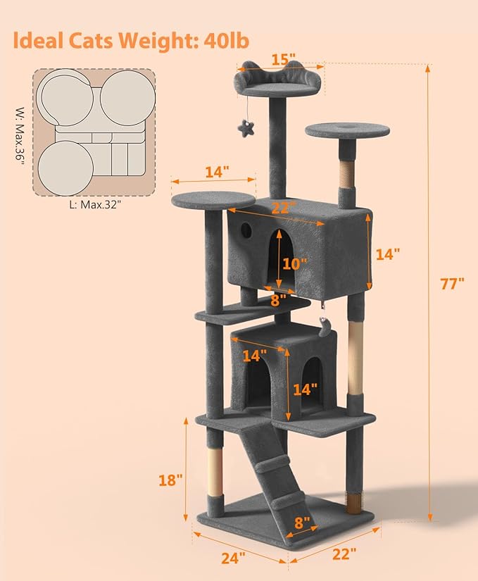 77'' Cat Tree Tower for Indoor Cats Large Adult, Cute/Tall Modern Cat Tree for Big Cats 20 lbs, Plush Multi-Level Cat Condo with Scratching Posts, Dangling Ball (Smoky Gray, 77 inch)