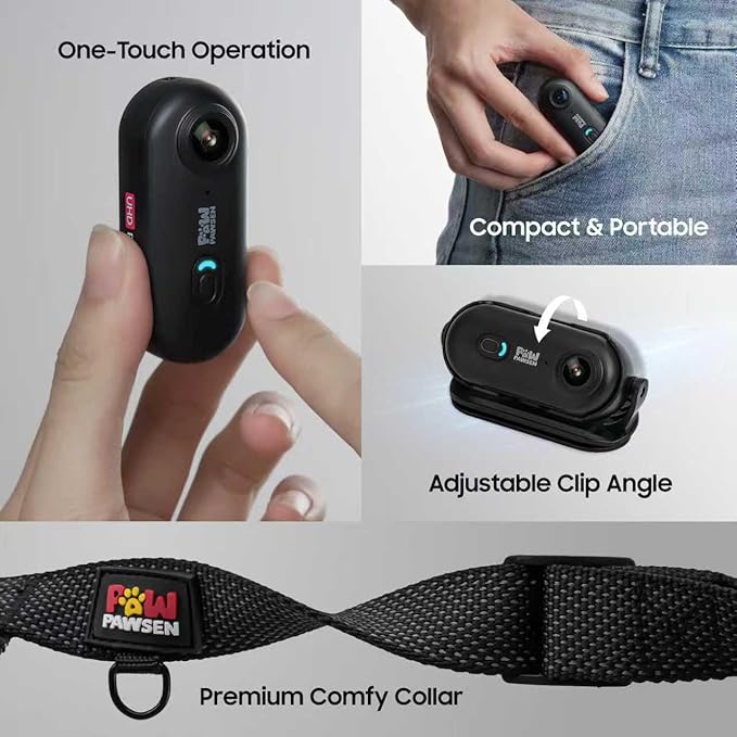 4K UHD Dog& Cat Pet Camera Collar, Video Recorder with Phone App View, Outdoor & Indoor POV Action Cam for Small and Medium-Size Dogs(White - Black Nylon Collar - M, 128g)