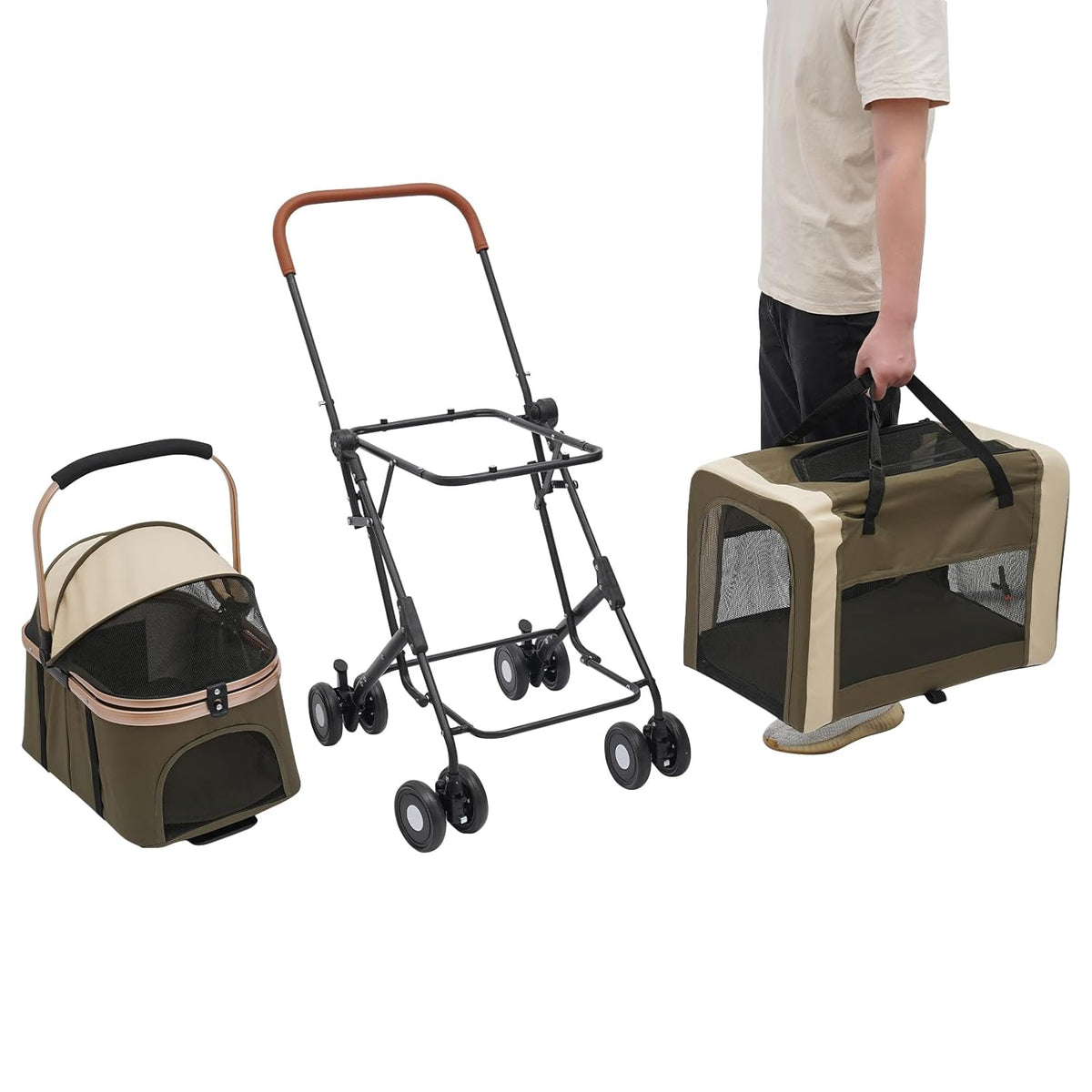 2-Layers Pet Stroller for 2 Cats/Dogs,Foldable Lightweight 77lbs Capacity Carrier, 4 Wheels, Removable Basket & Storage Pocket,for Small Pets (Green)