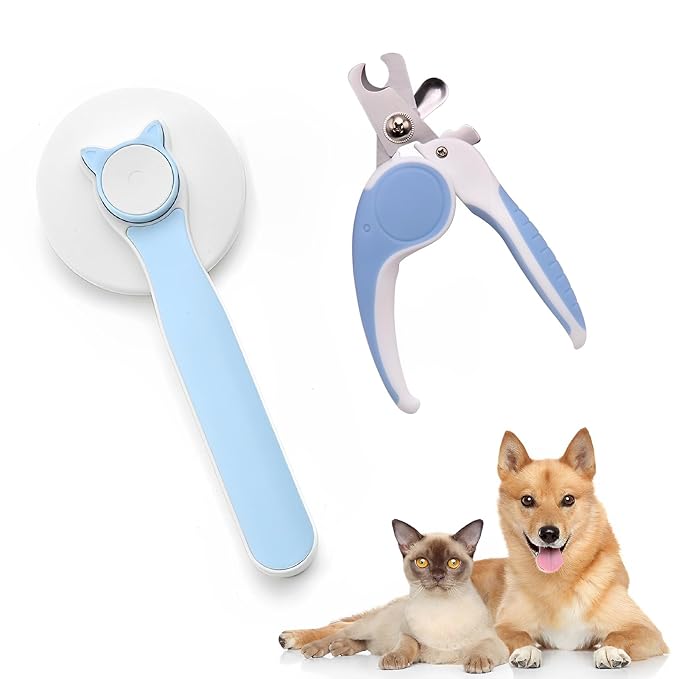 2PCS Pet Grooming Kit, Cat Brushes & Cat Nail Clipper, Cat Grooming Brush for Sedding and Grooming Fur（Blue）