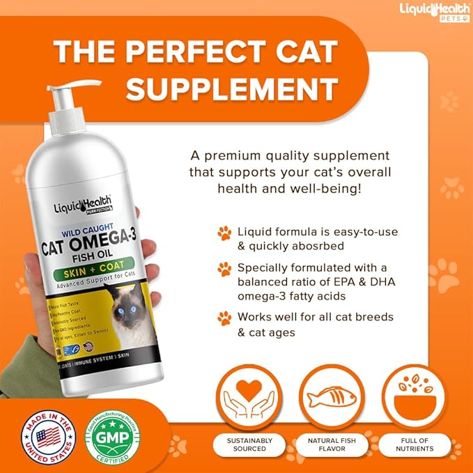 Liquid Health Pets Wild Caught Omega 3 Fish Oil for Cats - Liquid Omega 3 Supplement for Cats with EPA+DPA+DHA - Reduce Itching, Support Joint, Immunity, Brain, Heart Health - Made in the USA (3 Pack)