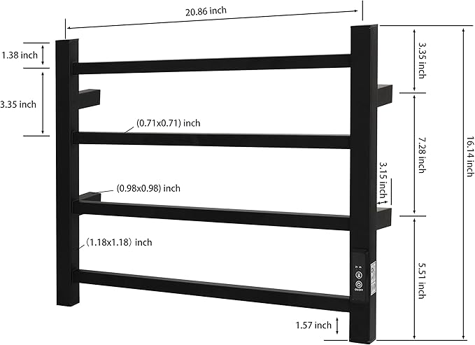 KEG Towel Warmer 4 Bars for Bathroom Wall Mounted Bath Towel Heater Hardwired and Plug-in with Built-in Timer Matte Black