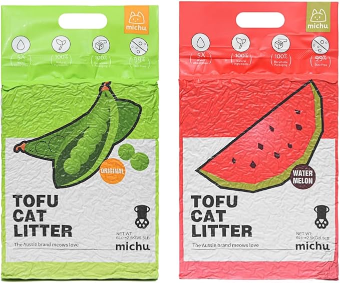 Tofu Cat Litter Natural Clumping Tofu Cat Litter, Fast Clumping and Easily Scoop-able 5.5lb/88oz 5 Scents - Original + Watermelon, 2 Pack