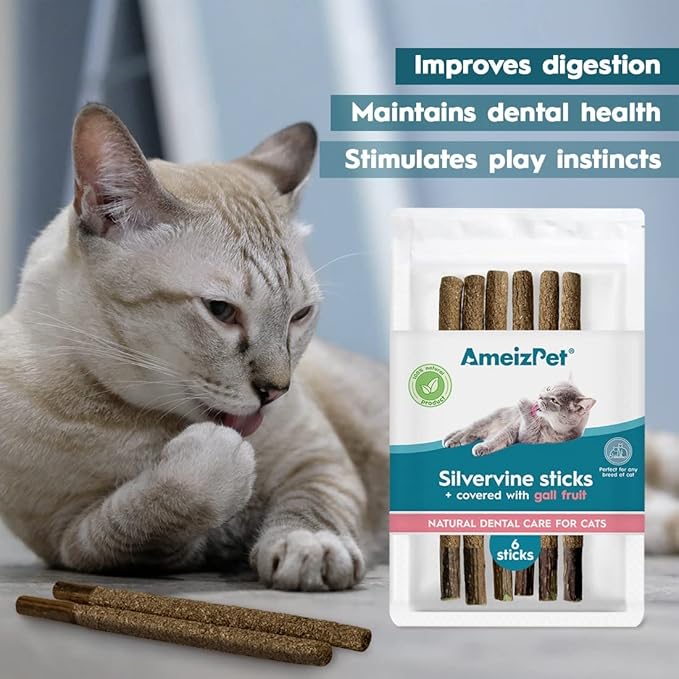 Silvervine Sticks for Cats, Chew Sticks Covered with Gall Fruit Dust - Natural Matatabi Cat Dental Care, Catnip Cat Teeth Cleaning, 6 Pcs