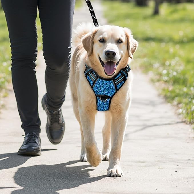 BARKBAY No Pull Dog Harness Large Reflective Dog Harness with Front Clip and Easy Control Handle for Walking Training Running with ID tag Pocket(Blue/Black,L)