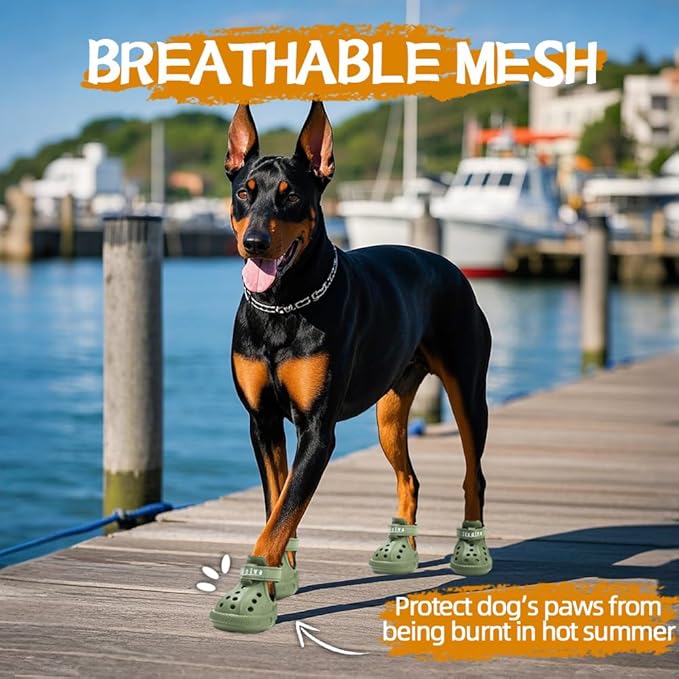 JZXOIVA Dog Shoes for Hot Pavement, Dog Booties for Large Dogs, Breathable Dog Boots & Paw Protectors, Adjustable Non-Slip Dog Rain Booties, Waterproof Pets Sandals for Beach Green Size 10