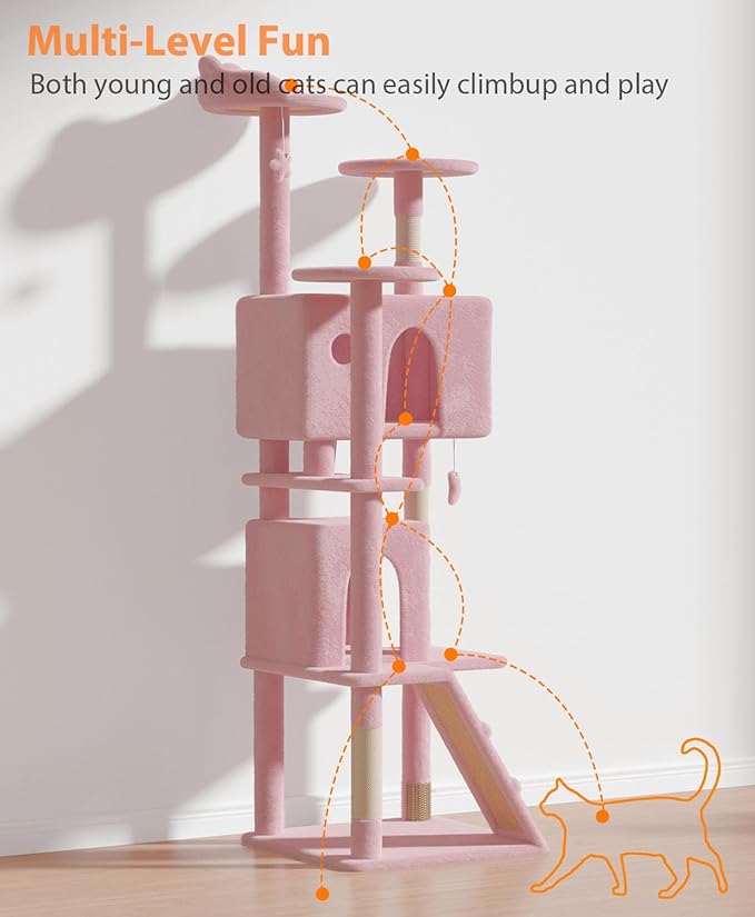 77'' Cat Tree Tower for Indoor Cats Large Adult, Cute/Tall Modern Cat Tree for Big Cats 20 lbs, Plush Multi-Level Cat Condo with Scratching Posts,Dangling Ball (Soft Pink, 77 inch)