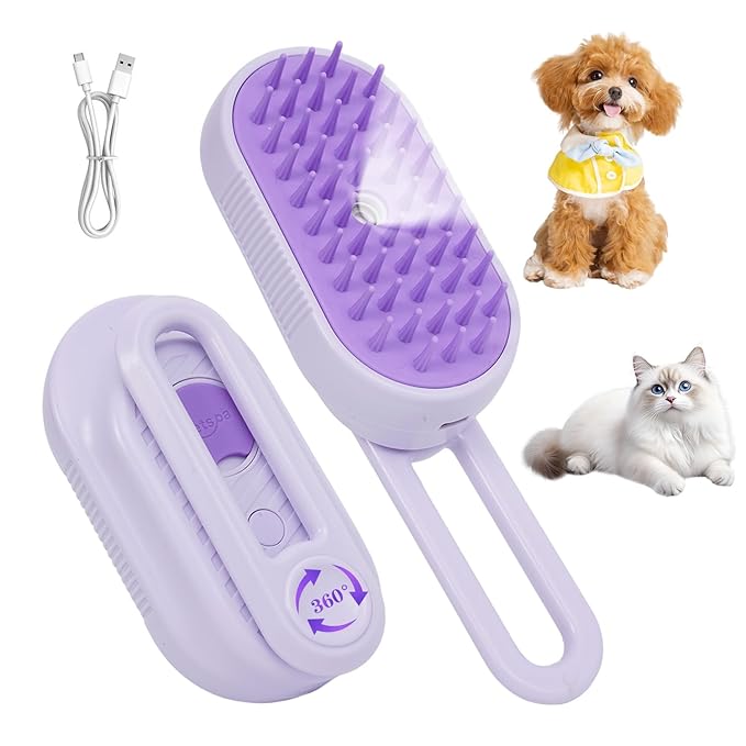 4-in-1 Rechargeable Anti-Dandruff Pet Steam Brush — brush for sheddingCats & Dogs,pet hair removal tool. Integrating functions of massage,clean, hair grooming and anti-static (purple)