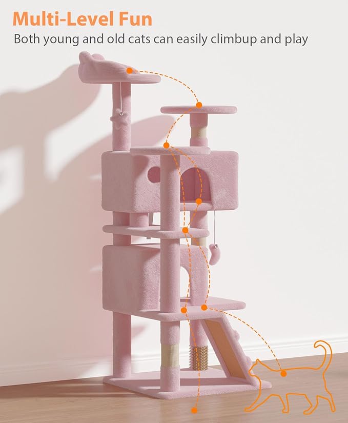 54" Cat tree Tower for Indoor Cats Large Adult,Cute/Tall Modern Cat Tree for Big Cats 20 lbs,Plush Multi-Level Cat Condo with Scratching Posts, Dangling Ball for fun play (Soft Pink, 54 inch)