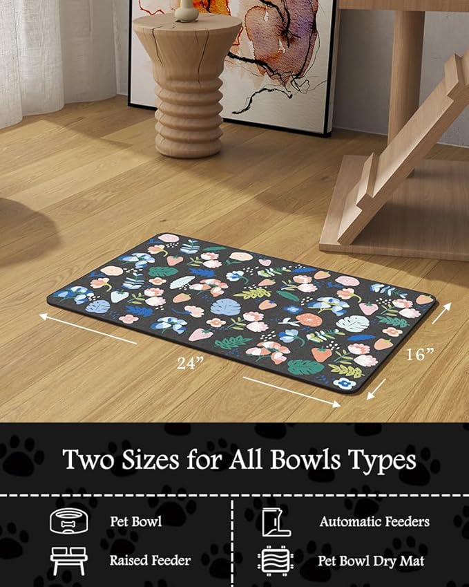 Pet Feeding Mat-Absorbent Dog Mat for Food and Water Bowl-No Stains Quick Dry Water Dispenser Mat-Dog Accessories Pet Supplies-Bowl for Messy Drinkers（DARKFLOWERS,16"x24"