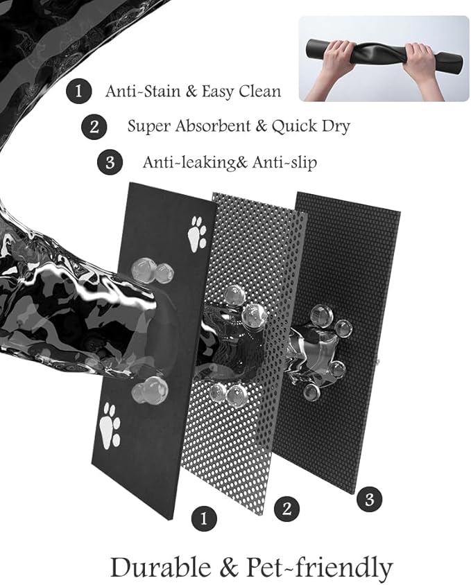 Pet Feeding Mat-Absorbent Dog Mat for Food and Water Bowl-No Stains Quick Dry Water Dispenser Mat-Dog Accessories Pet Supplies-Bowl for Messy Drinkers（Black,17"x34"
