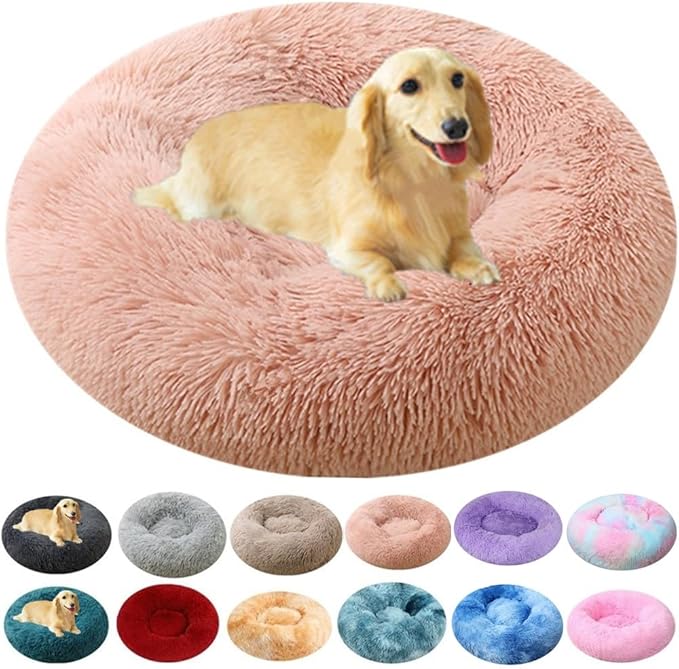 Large Calming Dog Bed, 40 Inch Anti-Anxiety Donut Dog Cuddler Cat Bed, Warming Cozy Soft Dogs Round Bed, Fluffy Faux Fur Machine Washable Pet Cushion for Medium Large Dogs & Cats (Pink)