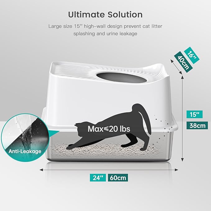 Stainless Steel Cat Litter Box, Large Top Entry Litter Box for Big Cats, Enclosed Kitty Litter Pan with Lid, Metal Cat Box Never Absorbs Odors, Easily Cleaning, Include Scoop