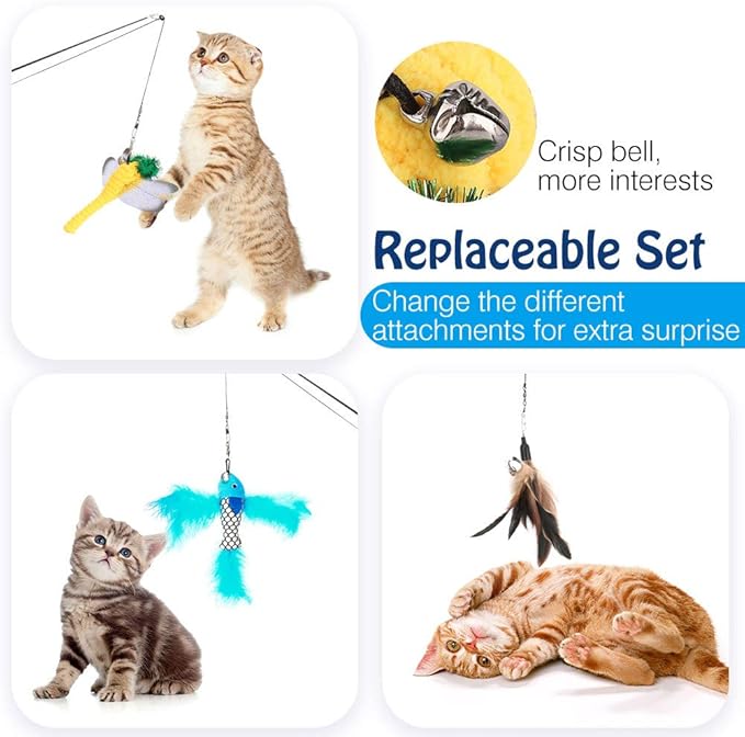Pawaboo Cat Feather Toys, 4 Pack Interactive Cat feather Teaser Wand Toys, Retractable Fishing Pole Wand Catcher Exerciser with Refill Fish, Dragonfly Worm with Bells, Fun Cat Kitten Kitty Playing Toy