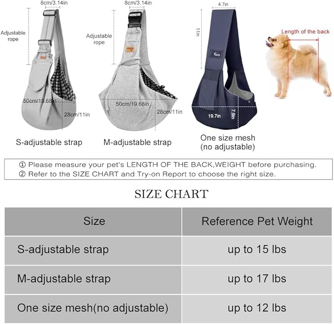 CUBY Dog and Cat Sling Carrier, Hand-Free Dog Carrier Slings with Adjustable Straps Pocker, Puppy Slings Carrier for Small Dogs Cats Outdoor Travel Bag(Black, M-Adjustable Strap)