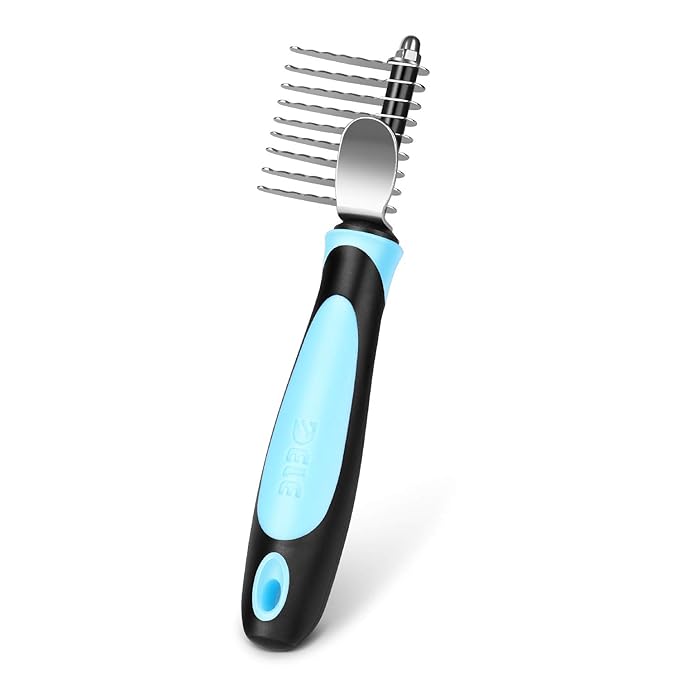 Flexzion Dogs Dematting Comb, Stainless Steel Blades Rakes, for Pets Cats Animals Matted Knotted Hair, Brush Cutting Removing Grooming Tool with Smooth Teeth Needle - Black & Blue Handle