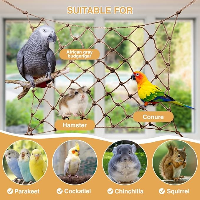 2 Packs Natural Bird Rope Net Parrot Swing Hammock for Birds Parrot Ladder Macaw Hanging Hammock Activity Toy for Rats Parakeet Cockatiel Cockatoo Conure African Grey Budgie（S 12x8inch）