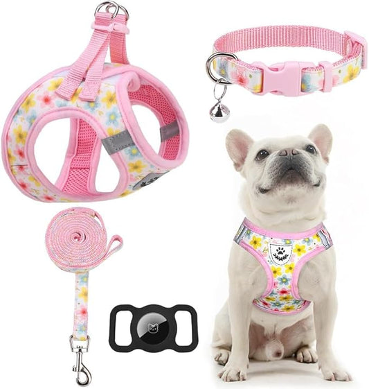 EXPAWLORER Dog Harness and Leash Set - Cute Puppy Harness Leash Dog Collar with AirTag Holder Silicone Case, Soft Padded Step in Pet Vest Reflective for Outdoor Walking, Floral L