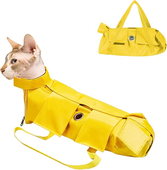HDKUW Cat Grooming Bag,Foldable Travel Carrier for Cats,Anti-Bite Anti-Scratch Cat Grooming Restraint Bag,Pet Carrier for Administering Eye Drops,Ear Cleaner,Clipping Nails Yellow S