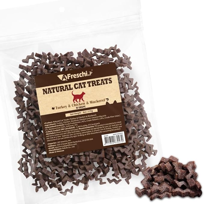Afreschi Natural Cat Treats Turkey & Chicken & Mackerel W Shape 6 oz, All-Natural, High-Protein, Grain-Free, Healthy, Low-Fat, Easily Digestible