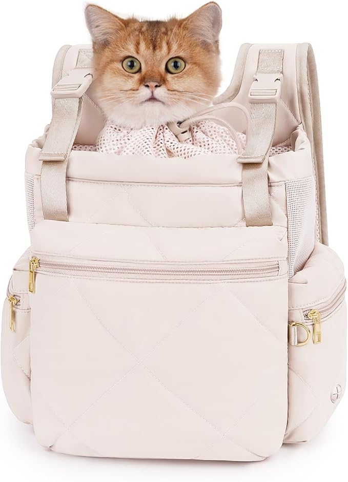 OFY Cat Carrier Puffy Backpack Breathable Small Dog Front Backpack Large Space for Small Dogs, Drawstring & Water-Resisant Pet Bag for Travel Hiking, Beige Gray Patent Pending