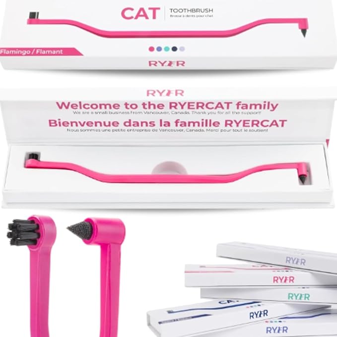 RYERCAT Set of Dual Sided Cat Toothbrushes - Kitten Toothbrush with Micro Head to fit into Kittens Mouth - Cat Dental Care Supplies Pet Toothbrush for Cats (Flamingo Pink and Space Blue)