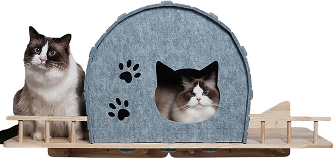Wall Mounted Felt Cat Bed – Modern Cats Shelf with Wooden Base & 4 Holders, Space-Saving Cat Perch for Indoor Cats, Minimalist Wall Cat Furniture for Resting & Lounging,Gray