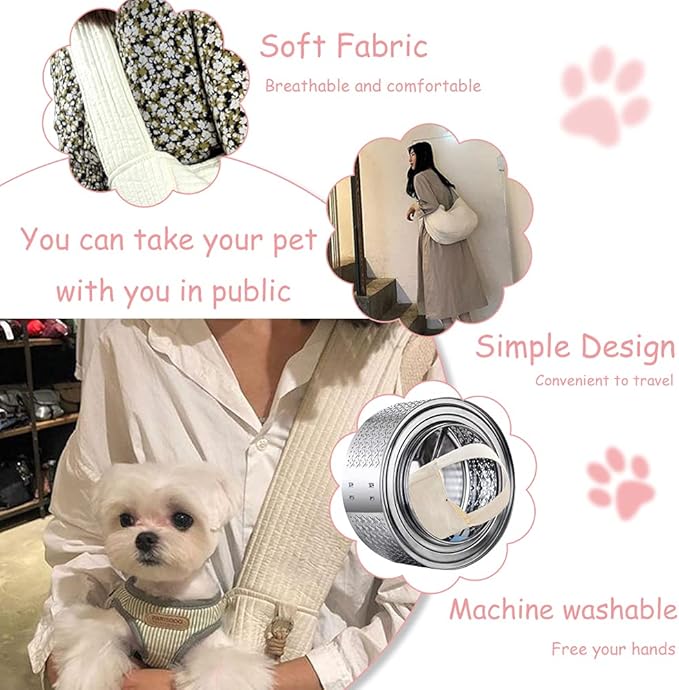 NATUYA Small Dog Carrier Sling Cat Sling,Adjustable Strap Hand Free Pet Puppy for Outdoor Traveling Subway (White, Canvas)